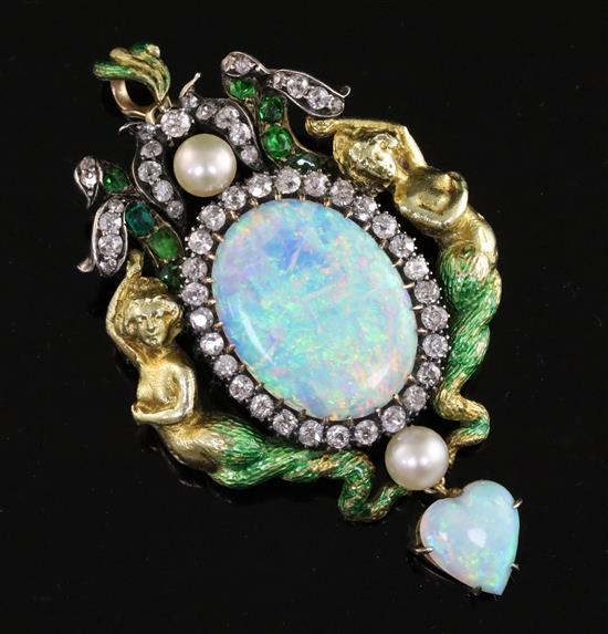 A good Victorian Renaissance revival gold and silver, white opal, green enamel, pearl diamond and garnet set drop pendant brooch,